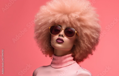 Stylish woman with pink afro and sunglasses on a pink backdrop, a bold statement for fashion and individuality.