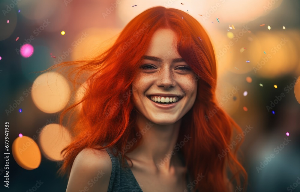 Radiant redhead Caucasian woman laughing with bokeh lights. Ideal for beauty or lifestyle brands emphasizing joy and vitality.
