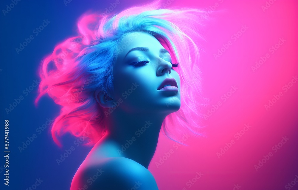Woman with flowing blue hair against a pink background. Suited for artistic projects and vibrant hair dye marketing.