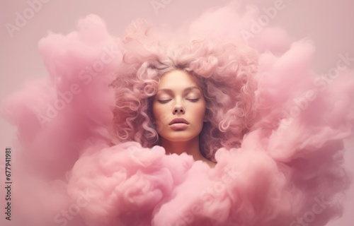 Ethereal Caucasian woman with curly hair in pink clouds. Suitable for dream-like or beauty-focused editorial content.