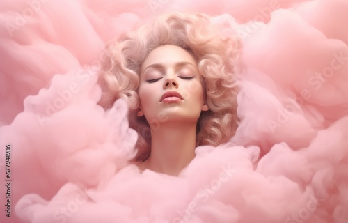 Ethereal Caucasian woman with curly hair in pink clouds. Suitable for dream-like or beauty-focused editorial content.