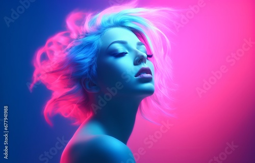 Woman with flowing blue hair against a pink background. Suited for artistic projects and vibrant hair dye marketing.