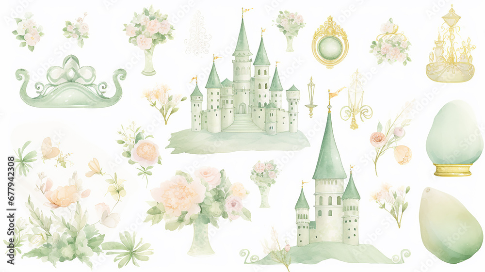 set collection of green delicate accessories of a fairy princess watercolor drawing isolated on a white background delicate soft mint color of spring