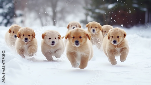 a group of cheerful dogs runs in dynamic poses through the winter fluffy snow on a frosty sunny day, fluffy pets, Christmas snowflakes photo
