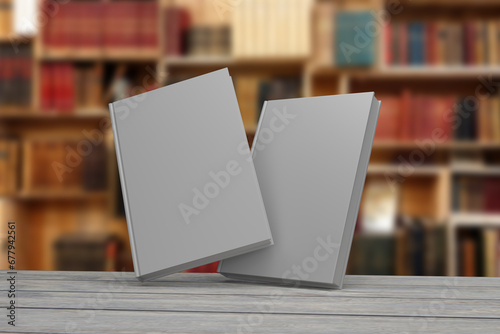 hard cover blank white book on wooden table, 3d rendering, for your mock up design. blurry library background