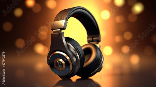 Black headphones on bokeh background. 3d illustration. Music concept photo