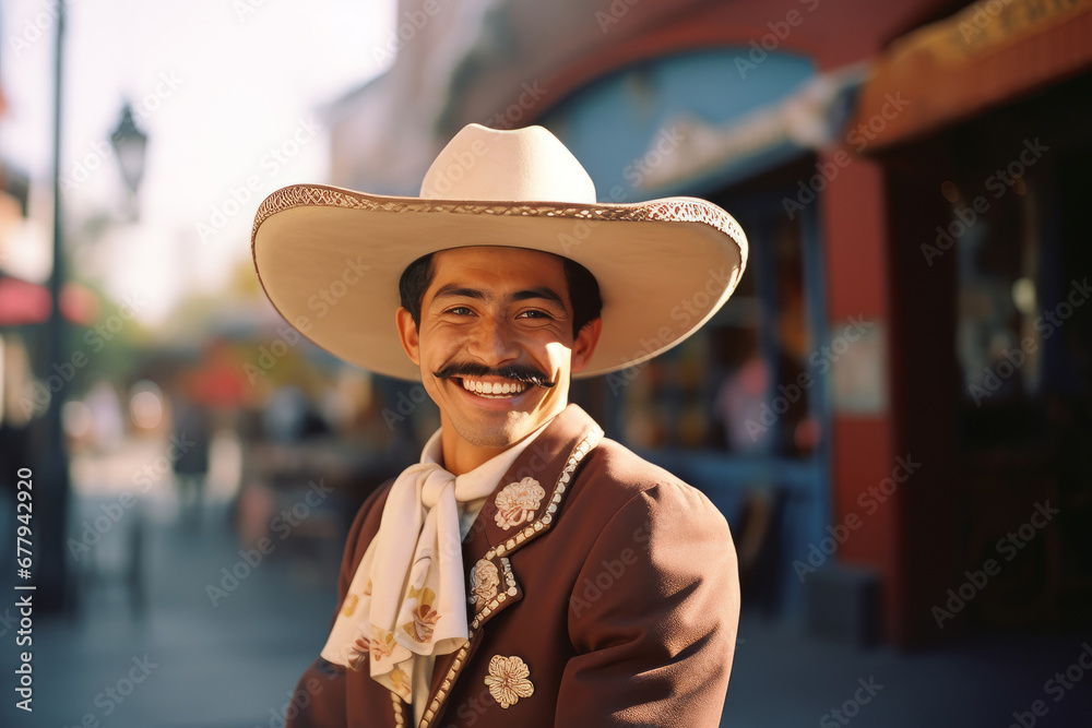 Young man dressed as a Mexican charro smiles looking at the camera.