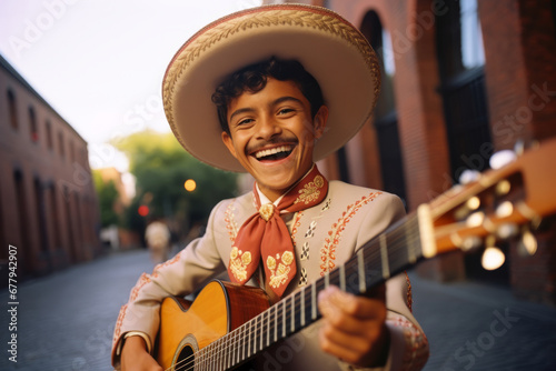 Boy dressed as a mariachi, Mariachi smiling right to the camera, Mexican culture, Young Mexican mariachi playing guitar. photo