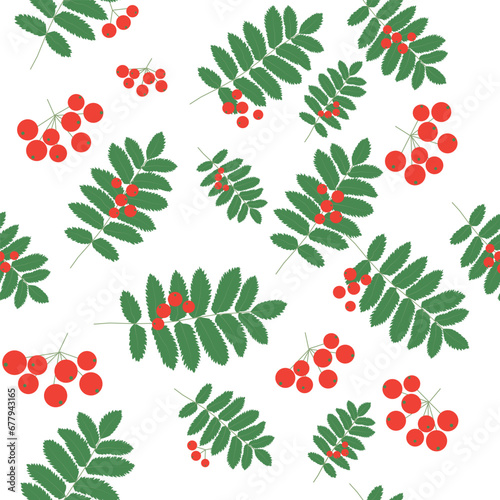 Rowan leaves and berries on a white background. Isolated. Flat style. Seamless pattern. Green leaves and red berries. Background for paper, cover, fabric, textile, dishes, interior decor.