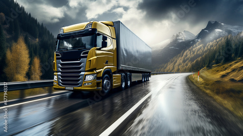 Truck on the road with mountains in the background. 3d rendering generativa IA