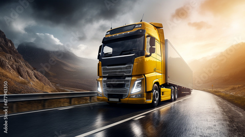 Truck on the road with dramatic sky background. 3d rendering generativa IA