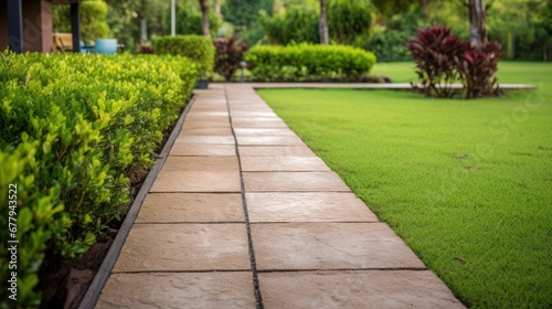 Garden landscape design with pathway intersecting bright green lawns and shrubs white sheet walkway in the garden. Landscape design with colorful shrubs. grass with bricks pathways. lawn care service. © Kowit