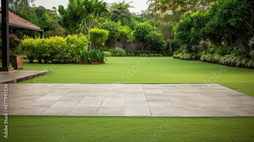 Fotografering Garden landscape design with pathway intersecting bright green lawns and shrubs white sheet walkway in the garden