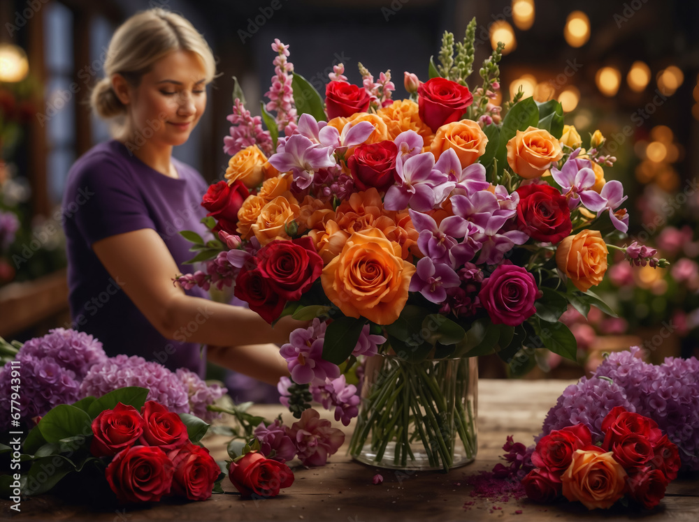A woman florist working in a flower shop. Ideal for illustrating the floral industry, entrepreneurship, and the artistry of bouquet crafting.