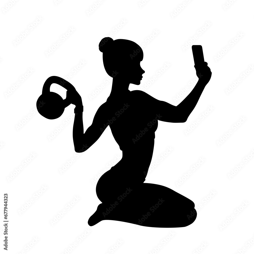 Kobieta na siłowni unosząca odważnik i robiąca sobie selfie. Zdrowy tryb życia, ćwiczenia fizyczne. Czarna postać na białym tle. - obrazy, fototapety, plakaty 
