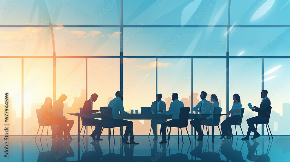 meeting of businessmen, interview, modern office, meeting room interior with a table, on the background of a large panoramic window - obrazy, fototapety, plakaty 