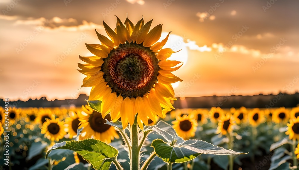 A bloomed sunflower in a sunflower field