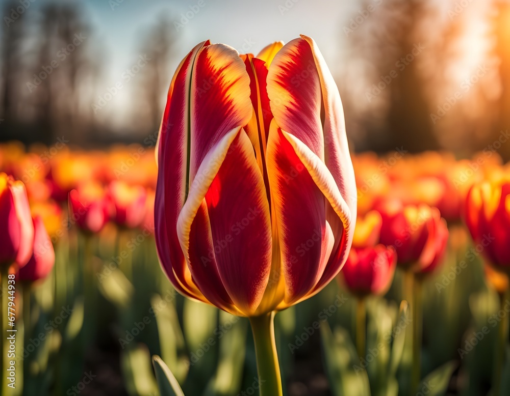 A bloomed tulip in a tulip field