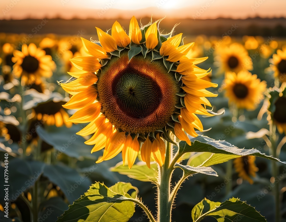 A bloomed sunflower in a sunflower field