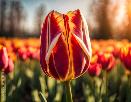 Obraz na płótnie A bloomed tulip in a tulip field w salonie