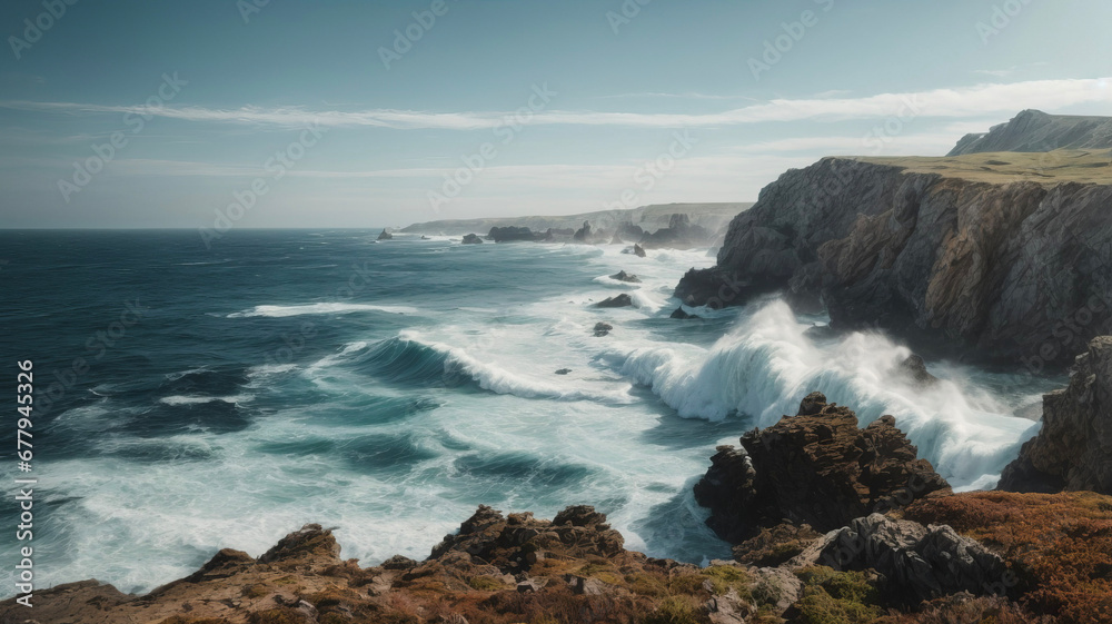waves crashing on cliff