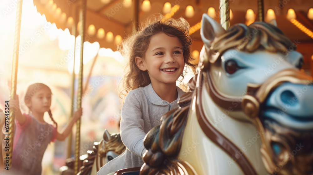 Kids happily riding a carousel at an amusement park