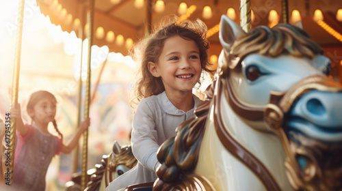 Kids happily riding a carousel at an amusement park