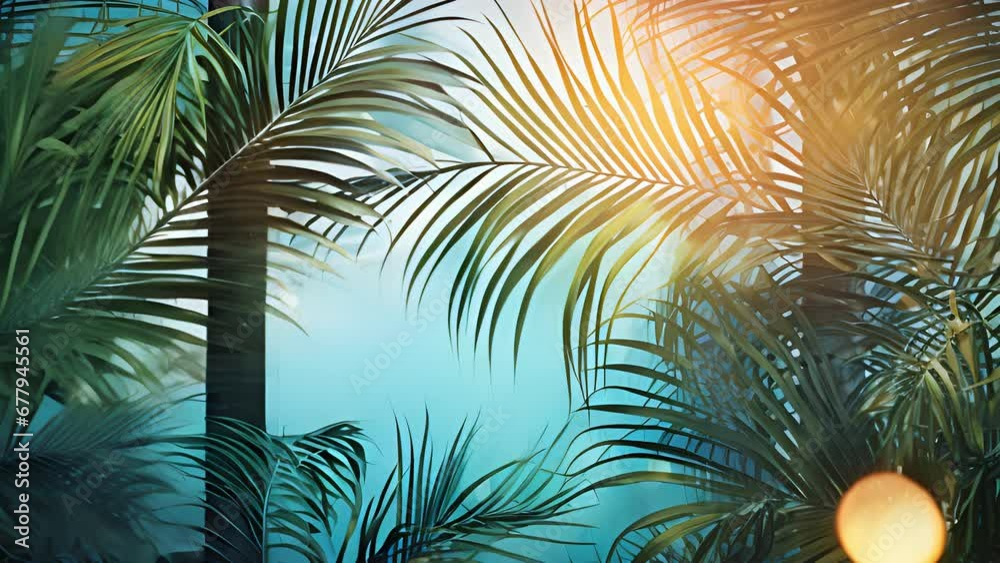 A luxurious summerthemed background with a mix of vibrant blues and greens. The sunlight dances through the window, casting intricate shadows of palm leaves, contributing to an exotic A luxurious summerthemed background with a mix of vibrant blues and greens. The sunlight dances through the window, casting intricate shadows of palm leaves, contributing to an exotic