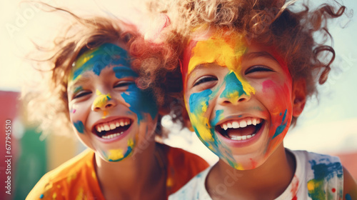 Kids gleefully painting each others faces with bright colors