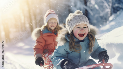 Children happily sledding down a snowy hill in winter