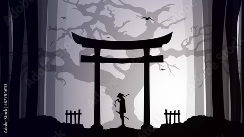 Samurai with tree wallpaper. japanese theme wallpaper. silhouette of a samurai in the night background. Japanese samurai warrior with a sword. 