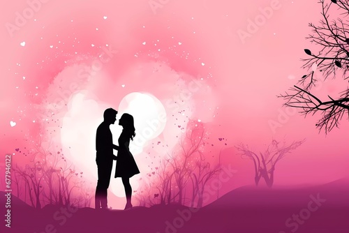 silhouette of cute couple in love hugging with pink hearts background, valentines day concept. generative ai
