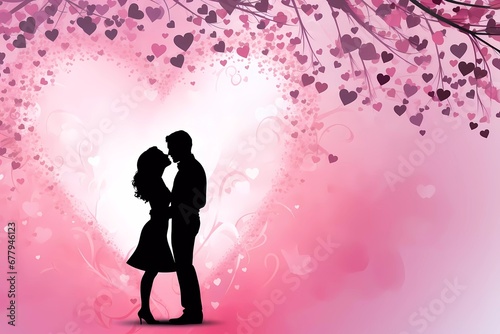 silhouette of cute couple in love hugging with pink hearts background, valentines day concept. generative ai
