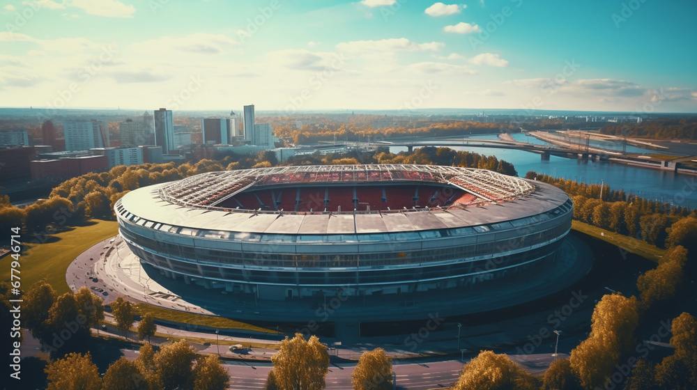 Football stadium. Drone view. Generative AI.