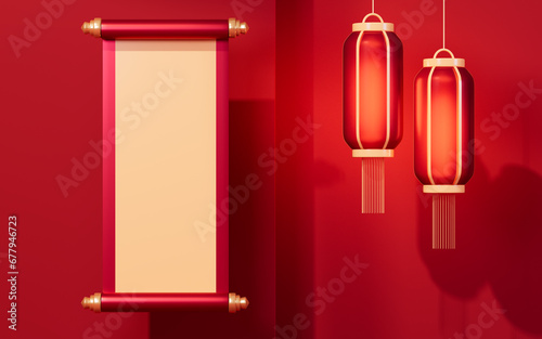 Empty scroll with Chinese traditional style background, 3d rendering. photo