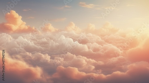 Cumulus clouds at sunset above clouds view