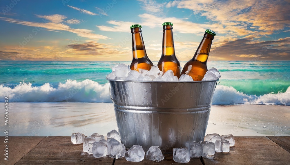 
Close-up view of three beer bottles chilling in a metal bucket filled with ice cubes on the beach. Horizontal composition, front view. - obrazy, fototapety, plakaty 