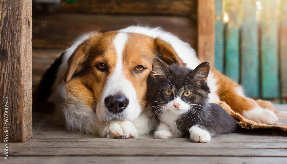 Together, a dog and a cat cuddle under the house, showcasing the heartwarming bond of animal friendship.