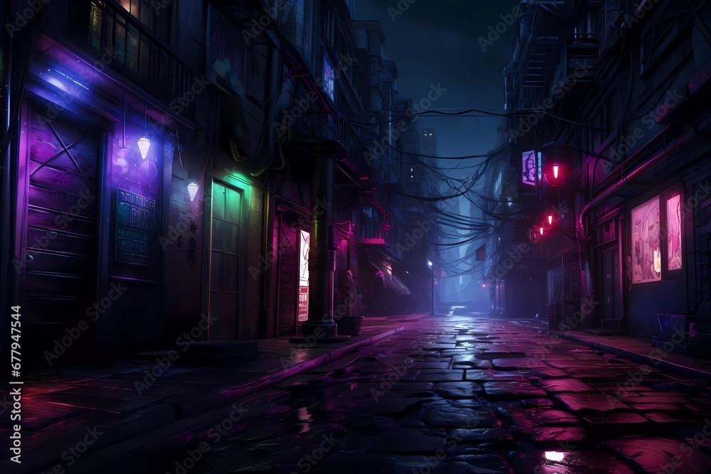 dark street in the middle of the city, with gloomy alleys and neon lights. generative ai