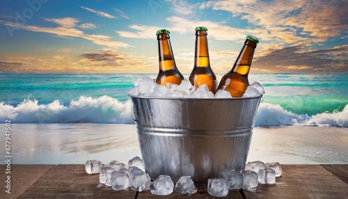 
Close-up view of three beer bottles chilling in a metal bucket filled with ice cubes on the beach. Horizontal composition, front view. photo