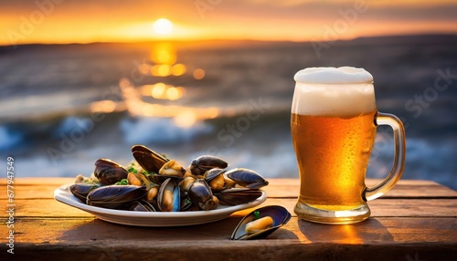 Savoring beer and mussels against the backdrop of a beautiful sunset. photo
