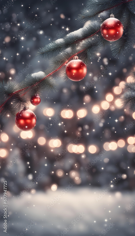 Fantastic glowing background with snowy fir branches and red Christmas balls hanging with string Fantastic glowing background with snowy fir branches and red Christmas balls hanging with string