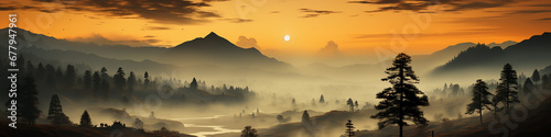 long panorama silhouettes of the autumn fog at sunset, freedom and silence of nature wild forest in sunset colors