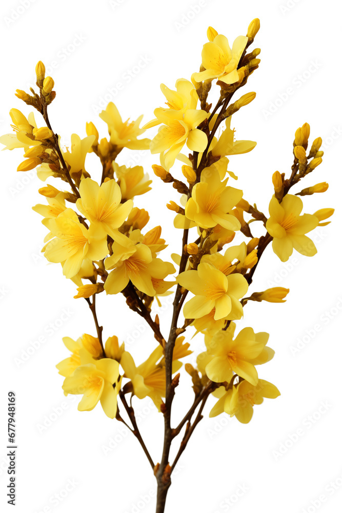 Forsythia blossoming flower branch on a transparent background
