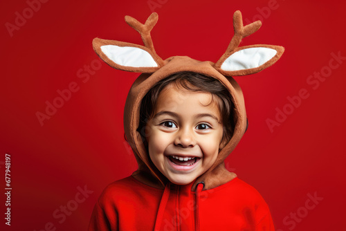 A cute child wearing festive christmas reindeer antlers