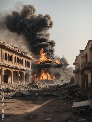 Mosque destroyed by missile attack, AI generated.