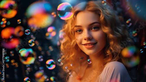 Cute beautiful woman covered in colorful bubbles. Different colors, bright colors, surreal effect.