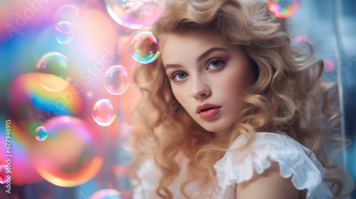 Cute beautiful woman covered in colorful bubbles. Different colors, bright colors, surreal effect. © seesulaijular