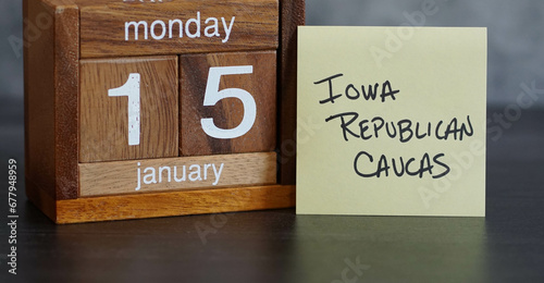 Calendar reminder about the Iowa Republican Caucus for the 2024 US Presidential election on Monday, January 15, 2024. photo