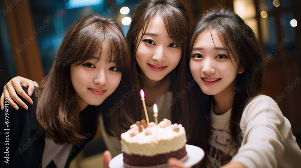 The women is celebrating her birthday tonight with cake and flowers on the table. The face has a happy smile. The women is celebrating her birthday tonight with cake and flowers on the table. The face has a happy smile.